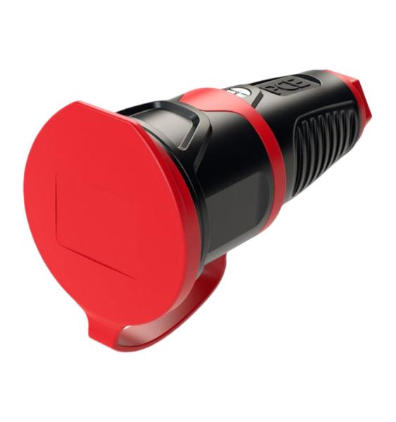 PCE Schuko Gummi Kupplung mit Deckelband Taurus Schwarz/Rot oder IP54